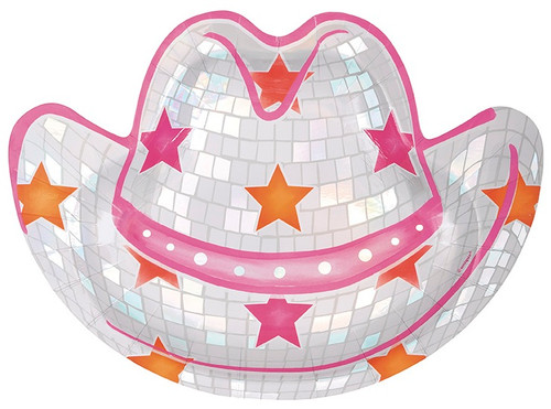 Disco Country Cowgirl Hat Shaped Plates. These cowgirl hat shaped paper plates feature an iridescent disco ball type design accented with a pink band and orange and pink stars. Package includes 8 count plates measuring 9.75in x 7.25in.