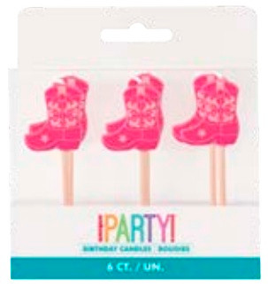 Disco Country Boot Candle Picks. These plastic picks have pink cowgirl boot shaped candles with lighter pink details. Underside does not have details. Package includes 6 count picks measuring about 2.75in, with boots measuring about 1in.