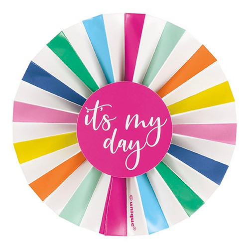 It's My Day Badge. This printed cardstock badge pin features a multicolor fan design with a pink center and "it's my day" in white script. Measures 3in.