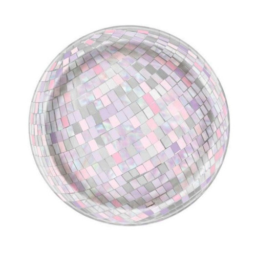 Diamond Disco Dessert Plates. Shaped like a classic disco ball, each plate features iridescent foil, grey, pastel pink, and pastel purple square details that shimmer and shine. Package includes 8 count plates measuring 7in.