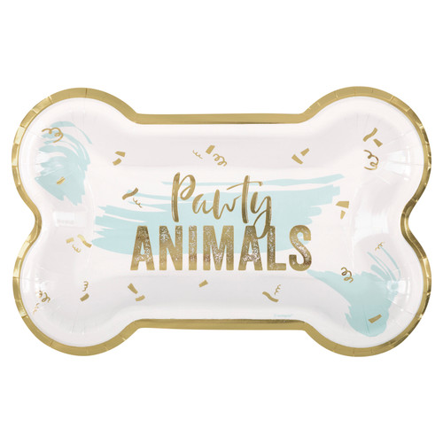 Pawty Animals Bone Shaped Plates. These white paper plates are in the shape of a bone, decorated with light blue shading and gold foil confetti as well as a gold foil trim. Centered is "Pawty ANIMALS" in a combination of gold foil script and scratchy capital letters.  Package includes 8 count plates measuring 10.25in x 6.5in.