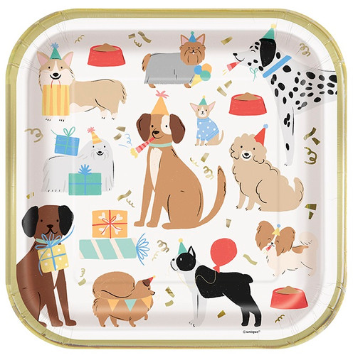 Pawty Animals Luncheon Plates. These white square shaped paper plates feature stylized cartoon breeds of different dogs in party hats among presents, accented with gold foil confetti and a gold foil border. Package includes 8 count plates measuring 8.75in.