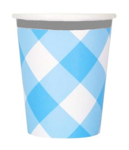 These paper cups feature a blue and white gingham design with a dark grey border. Package includes 8 count 9oz cups.