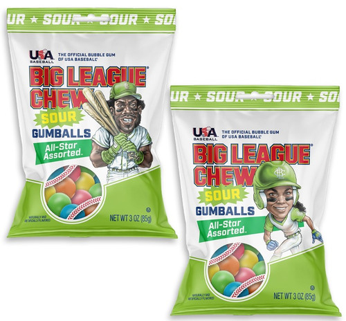 Big League Chew All Star Assorted Sour Gumballs. This old favorite is now in the colorful gumball variety packed with sour flavors. Character art may vary. Net WT 3oz.