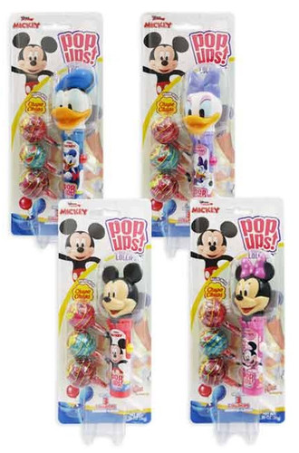 Disney Junior Pop Up Lollipop. This playful treat features a pop-up container in the shape of Mickey Mouse, Minnie Mouse, Donald Duck, or Daisy Duck, that keeps your lollipop safe and clean between bites. Each container comes with 3 delicious Chupa Chups lollipops in assorted fruity flavors. Desired character not guaranteed. Net WT 1.26oz.
