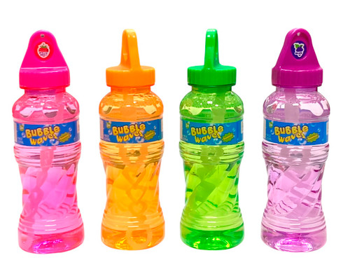 Scented Bubble Waves. Designed for outdoor fun, this scented bubble solution and wand is perfect for parties, backyard play, or summer activities. These bottles have colorful containers with the solution scents pink strawberry, orange, green apple, and purple grape. Desired style not guaranteed. Package includes 1 count plastic bottle of 8oz bubble solution with clear plastic wand.