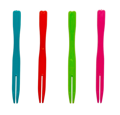Appetizer Picks - Colorful Plastic Two Prong. Available in colorful plastic two prong (3.5in), wooden colorful cello frill (3.75in), colorful plastic heart toppers (3.25in), and plain wooden (3in), these picks are perfect for smaller foods at your buffet table. Desired style not guaranteed. Package includes 70 count picks.