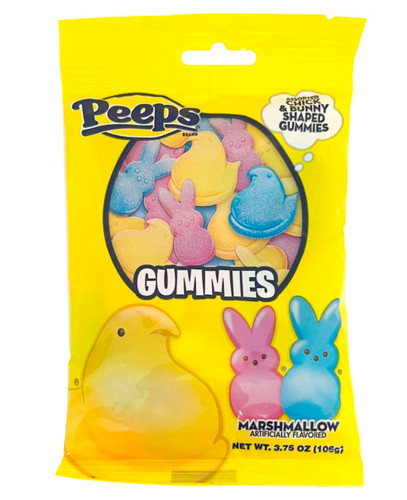 Peeps Gummies. These colorful, chewy chick and bunny shaped gummies have an artificial marshmallow flavor. Net WT 3.75oz.