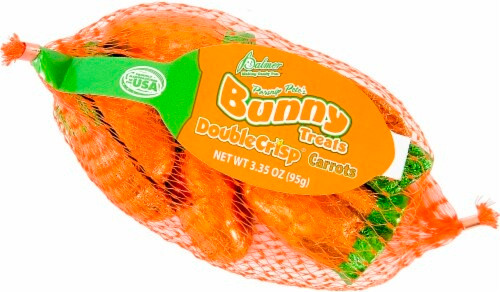 Double Crisp Milk Chocolate Bunny Treats. This orange mesh bag has individually wrapped double crisp milk chocolates shaped like mini carrots wrapped in orange and green foil. Package includes 1 count mesh bag of candy. Net WT 3.35oz.