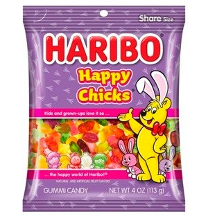 Haribo Happy Chicks. These classic colorful gummies shaped chicks and cracked eggs feature delicious fruity flavors. Net WT 4oz.