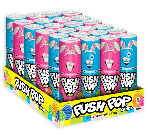 Easter Push Pop. This classic push pop, available in blue raspberry or pink strawberry, has an Easter themed wrapper with eggs, flowers, and a smiley face with bunny ears. Desired flavor not guaranteed. Package includes 1 count push pop. Net WT .5oz.