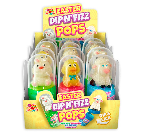 Easter Dip N Fizz Pop. This container includes a candy Easter themed character and a flavor powder for dipping. It's available as a bunny with green apple, chick with pink straw berry, or lamb with blue raspberry. Desired flavor and character not guaranteed. Package includes 1 count dip n fizz pop. Net WT 1.41oz.