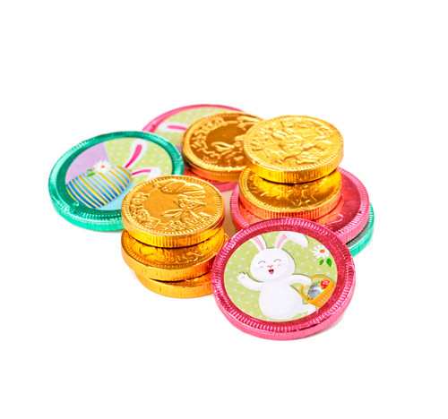Fort Knox Milk Chocolate Easter Coins. This green mesh bag of chocolate coins feature colorful foil wrappers with collectible stickers of bunnies, chicks, and Easter eggs. Net WT 1.5oz.