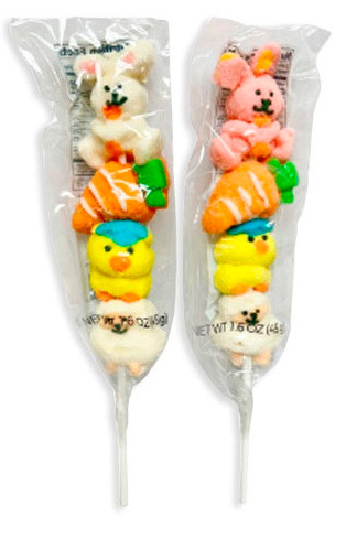 Easter Mallow Kabob. This colorful sugary marshmallow kabob features fun Easter character shapes including a bunny, a carrot, chick, and lamb. Available with white or pink bunny, desired color not guaranteed. Package comes with 1 count wrapped kabob, measuring 10.5in with stick. Net WT 1.6oz.