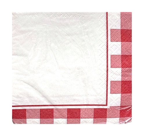 Red Gingham Beverage Napkins. These white 2-ply paper napkins feature a bright red gingham pattern border. Package includes 24 count napkins measuring 5in when folded.