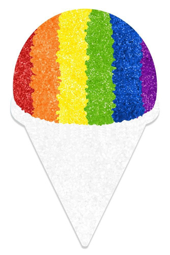 EVA Snow Cone Sign. This flat foam snow cone shaped piece features a glittery white cone with a glittery rainbow striped scoop. Has a hanger on the back. Measures 20in x 12.5in.