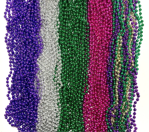 Mardi Gras Beads Case. These colorful plastic metallic beads are great for parades, Fat Tuesday parties, table decorations, and more! Available in purple, silver, green, pink, or purple/green/gold. Desired color not guaranteed, Package includes 60 dozen 7mm, 33in beads.