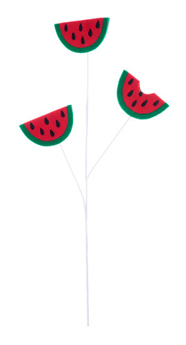 This white tape stem spray features three felt fabric half slices of watermelon in red and green with black seeds, with one having a bite taken out of it. Measures 23.5in.