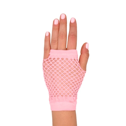 Short Fishnet Fingerless Gloves. Package includes 1 count pair of light pink gloves. One size fits most.