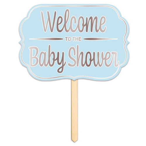Welcome to the Baby Shower Yard Sign. This printed cardstock sign features a light blue frame with "Welcome to the Baby Shower" in silver foil script. Printed on both sides. Includes 24in pine stake. Measures 10in x 14.5in.