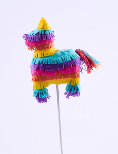 Felt Donkey Pinata Pick. This pick features a multicolor polyester felt fringe donkey pinata with tail of strings, measuring about 6.5in tall x 4in long x 2.5in wide. Measures 15in tall with pick.