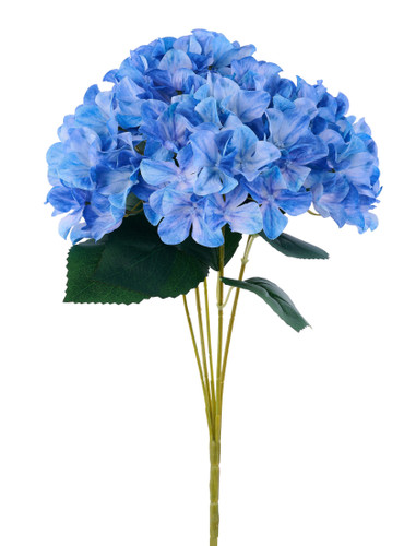 Fabric Hydrangea Bush Pick - Blue. This pick features five plastic stems of light blue fabric hydrangea flowers and green fabric leaves. Use for accenting centerpieces, vases, wreaths, and more! Pick measures 16in.