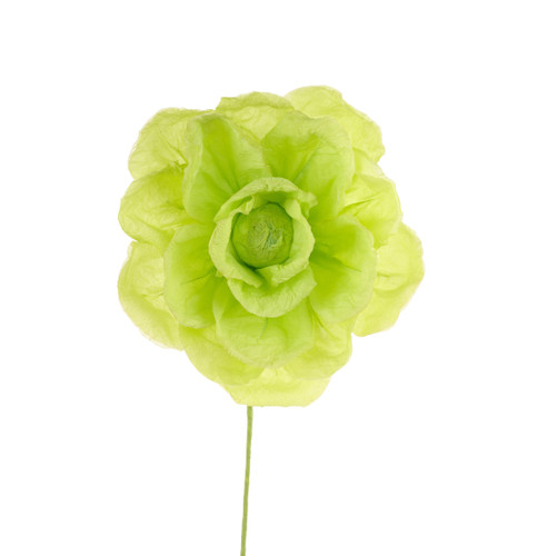 Paper Rose Pick - Lime Green. This lime green paper rose measures about 9in in diameter, 26in long with green paper covered wire stem.