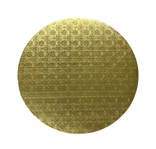 Gold, corrugated cardboards are grease resistant and have a decorative embossed surface. There is no need to wrap the board in foil or use a doily with this cake board. Measures 14in.