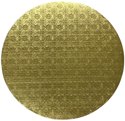Gold, corrugated cardboards are grease resistant and have a decorative embossed surface. There is no need to wrap the board in foil or use a doily with this cake board. Measures 18in.