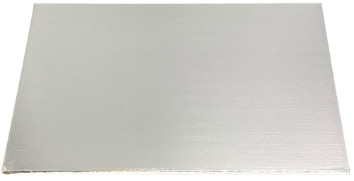 Silver, corrugated cardboards are grease resistant and have a decorative embossed surface. There is no need to wrap the board in foil or use a doily with this cake board. Measures 18.5in x 26in.