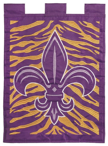Tiger Stripe Fleur de Lis Garden Flag. This double applique polyester fabric flag features a purple background with deep yellow embroidered tiger stripes, overlayed by a purple fleur de lis outlined in white embroidery. Measures 13in x 18in.
