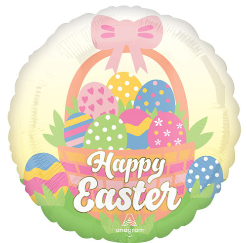Easter Egg Basket Balloon. This circular balloon features a colorful basket with a pink ribbon, filled with colorful Easter eggs with different patterns. "Happy Easter" overlays the basket in white script with gold outlines. Balloon is approximately 17 inches after inflation.