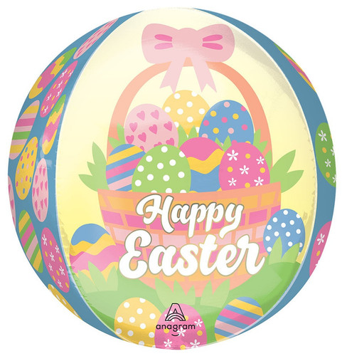 Easter Egg Basket Orbz Balloon. This spherical shaped balloon features a colorful basket with a pink ribbon, filled with colorful Easter eggs with different patterns. "Happy Easter" overlays the basket in white script with gold outlines. Other segments of the orb feature a blue background with a pattern of colorful Easter eggs. Balloon is approximately 16 inches after inflation.