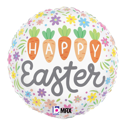 Happy Easter Carrots Balloon. This circular balloon features a white background with a pattern of multicolor flowers all around "HAPPY" spelled out in white text on orange carrots and "Easter" in grey script. Balloon is approximately 18 inches after inflation.