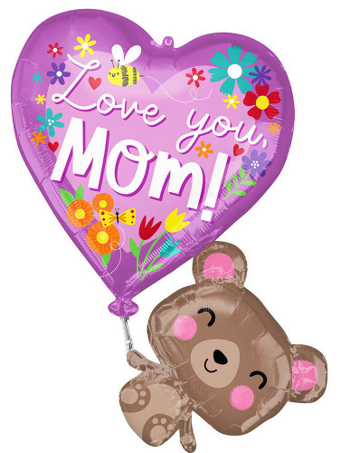 Love You Mom Bear Balloon. This heart-shaped balloon features a purple background with colorful flowers around "Love you, mom!" in white text. Holding onto the balloon is a small smiling brown bear shaped balloon. Balloon is approximately 31 inches after inflation.