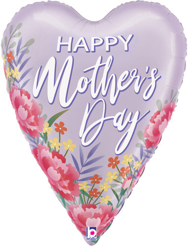 Satin Mother's Day Floral Heart Balloon. This heart-shaped balloon features a lavender background with colorful flowers and "HAPPY Mother's Day" in white text with a darker purple shadow. Balloon is approximately 26 inches after inflation.