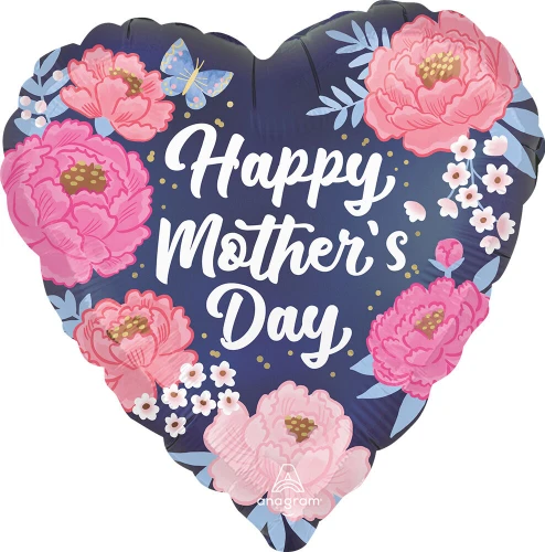 Happy Mother's Day Peony Garden Balloon. This heart shaped balloon features a navy blue background with pink flowers, as well as "Happy Mother's Day" in white script. Balloon is approximately 18 inches after inflation.