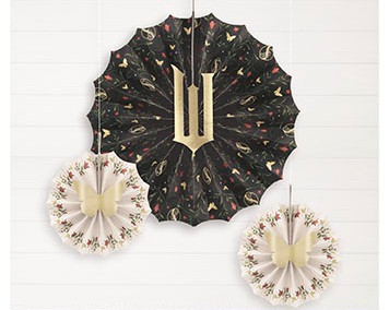 Wicked Paper Fan Decoration Kit. This kit includes paper fans in muted colors with pink flower and gold foil butterfly motifs, as well as the "W" logo. Package includes 1 count 12in fan and 2 count 6in fans.