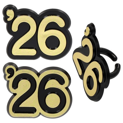 Class of 26 Cupcake Rings. Each plastic ring features a " '26 " design in either shiny gold with a black outline or black with a shiny gold outline. Amount of each color may vary. Package includes 6 count cupcake rings, measuring 1.6in x 1.35in