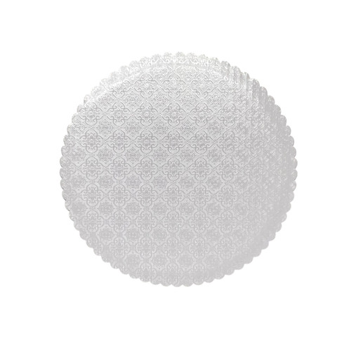 White Round Embossed Scalloped Cake Board. White, corrugated cardboards are grease resistant and have a decorative embossed surface and scalloped edge. The shimmery surface has a damask-like pattern. Measures 8in.