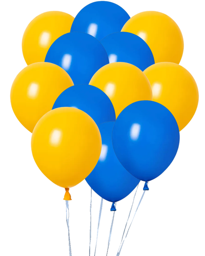 Dozen Balloons Grouped together 6 school bus yellow and 6 royal blue