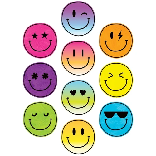 These printed cardstock cutout accents can make your classroom decor or school project more dynamic. These smiley faces are in multiple bright colors with variations such as sunglasses, winking eyes, heart eyes, and more. Package includes 30 count cutouts measuring about 5.75in.