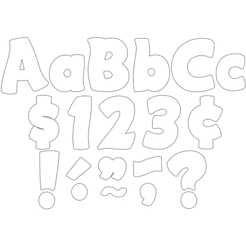 These printed cardstock cutout accents can make your classroom decor or school project more dynamic. These sheets of punch out letters, numbers, and punctuation stand out with a bold white somewhat wavy design. Package includes 208 count cutouts total, with 55 count uppercase letters, 84 count lowercase letters, 20 count numbers (0-9), 35 count punctuation marks, and 14 count Spanish accent marks. The largest pieces measure about 4in. Sizes will vary for each piece.