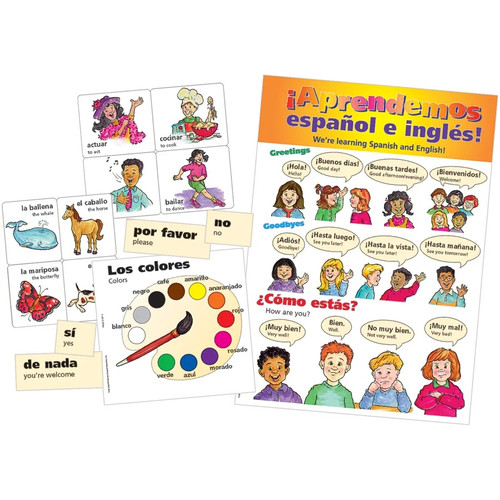 This set of printed cardstock accents will make an eye-catching addition to your classroom decor. This set includes cards that cover common Spanish words and phrases, including colors, numbers, greetings, and more, with charming illustrations of people, animals, and activities. Largest piece measures 18in x 24in, sizes vary based on subject. Package includes 38 count total pieces and a teacher's guide.