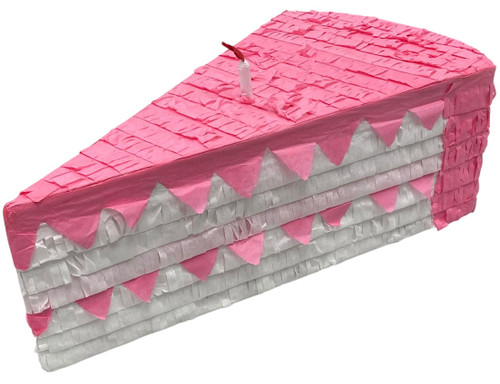 Cake Slice Pinata. This cake slice shaped pinata features a white cake with pink frosting, as well as a small white candle with red tissue paper flame. A twist paper hanger and seal are located on the opposite of the pointed end. Could be used as a table decoration when sitting flat. When hanging down it measures 20in tall x 11in wide x 6.75in thick.