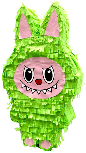 Creature Pinata. Shaped like a fuzzy green monster with a toothy smile, short limbs, and long ears on top of its head, this pinata has a twist paper hanger between its ears and a seal on the side of its head. Measures 20.5in tall x 11.5in wide x 3.7in thick.