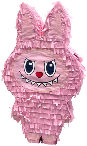Creature Pinata. Shaped like a fuzzy pink monster with a toothy smile, short limbs, and long ears on top of its head, this pinata has a twist paper hanger between its ears and a seal on the side of its head. Measures 20.5in tall x 11.5in wide x 3.7in thick.