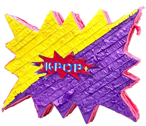 K Pop Burst Pinata. Shaped like a dynamic burst in purple and yellow with a pink edge, this pinata features "K-POP" in blue text in a red burst frame on the side. It has a twist paper hanger on top and a seal on the upper side. Measures 16in tall x 20in wide x 3.75in thick.