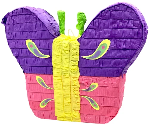 Butterfly Pinata. This purple, pink, and yellow butterfly shaped pinata features flat sides, a twist paper hanger located on the top between the green antenna, and a seal on its upper wing side. Measures 15in tall x 18in wide x 3.75in thick.