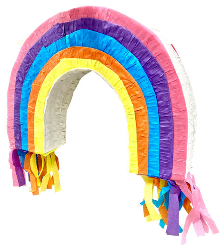 Rainbow Piñata. Shaped like a multicolor rainbow arch with a white edge with multicolor tassels, this pinata has flat sides, a twist paper hanger on the top, and a seal on one of its upper sides. Measures 13.7in tall x 19in wide x 3.75in thick.